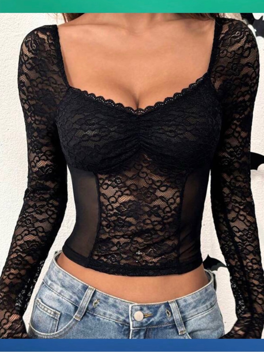 Shein Lace Mesh Long Sleeve Blouse